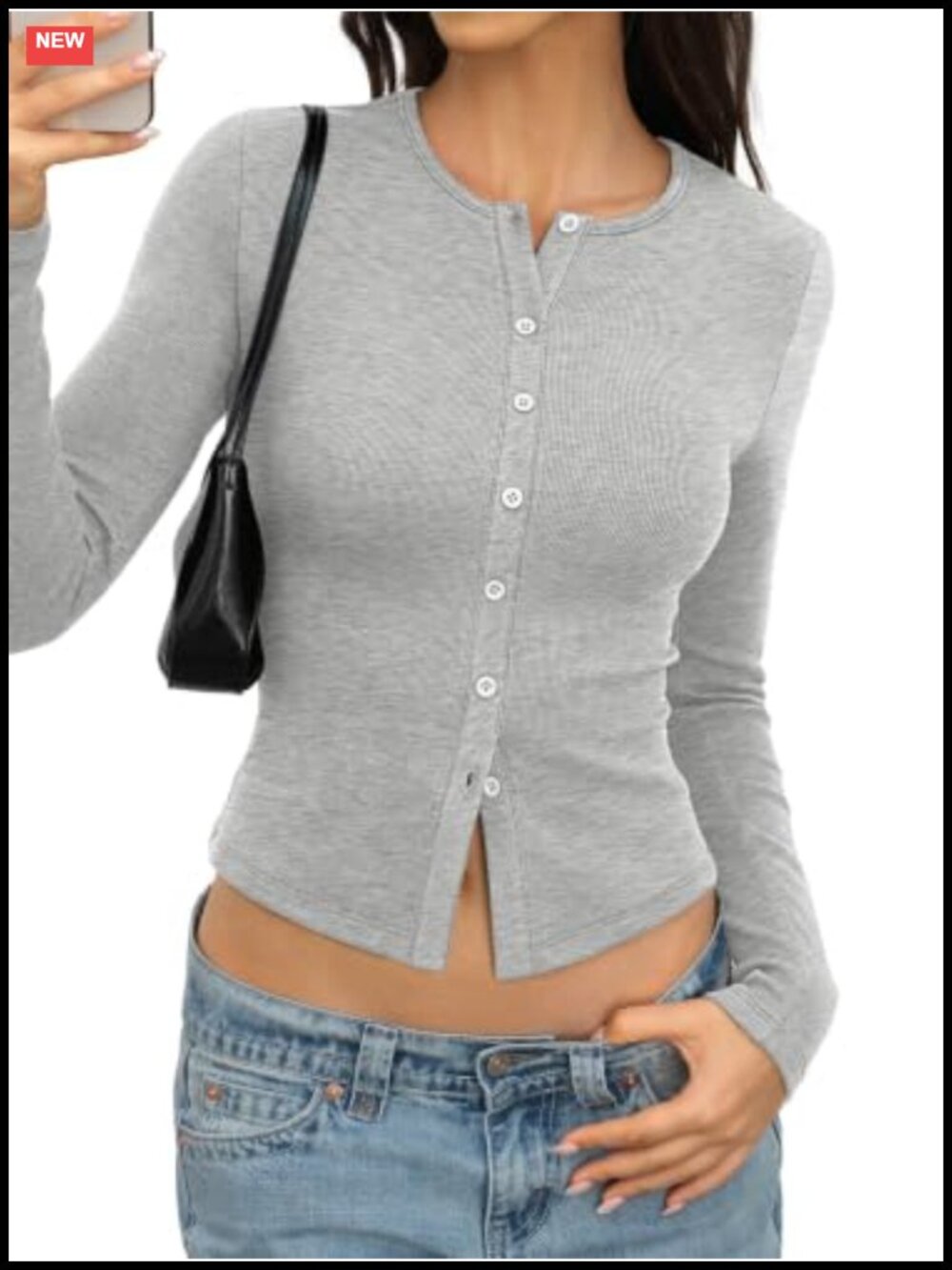 Cotton Ribbed Knit Fitted Crop Top Long Sleeve Button Front Shirt